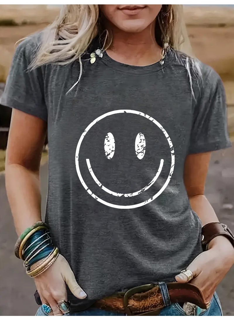 Generic - Summer Womens Casual Short Sleeve round Neck Smiley Face Pattern T-shirt Fashionable Street Style Polyester Blend Top rust red - Image 1