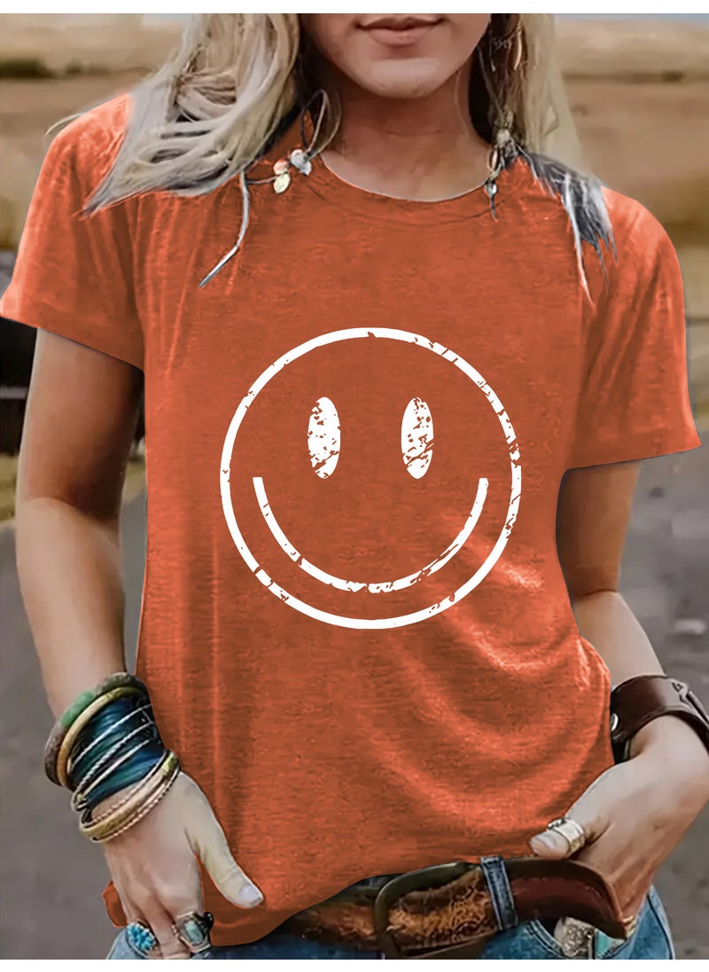 Generic - Summer Womens Casual Short Sleeve round Neck Smiley Face Pattern T-shirt Fashionable Street Style Polyester Blend Top rust red - Image 1