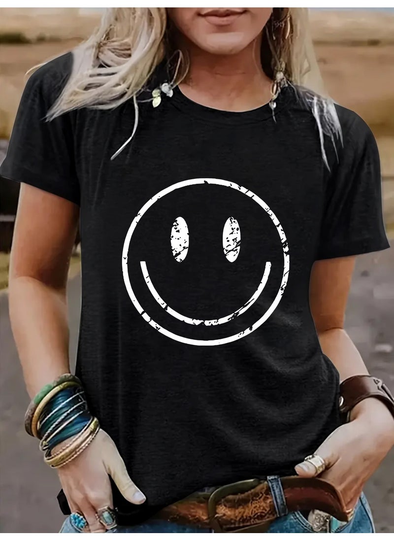 Generic - Summer Womens Casual Short Sleeve round Neck Smiley Face Pattern T-shirt Fashionable Street Style Polyester Blend Top rust red - Image 1