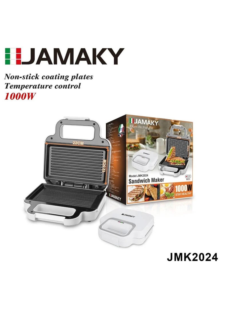 Jamaky Italy صانع الساندوتش من جاماكي 1000 واط بطلاء غير لاصق تقنية حديثة من جاماكي  جسم مصنوع من مواد عازلة للحرارة  موديل jmk-2024- ابيض 