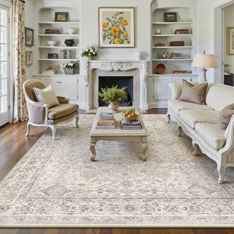 HUGEAR Area Rug 8x10 Retro Beige Machine Washable Living Room Rugs Distressed Vintage Floral Vacuumable Low Pile Carpet Bedroom Office Dining Room Laundry Room Non Slip Soft Lightweight - Image 1