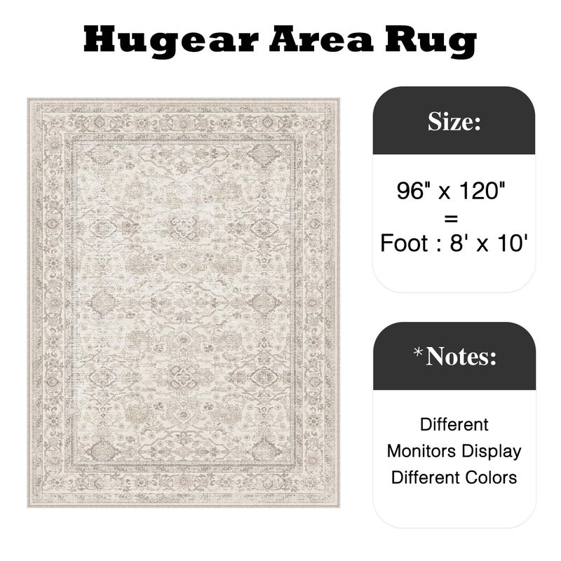 HUGEAR Area Rug 8x10 Retro Beige Machine Washable Living Room Rugs Distressed Vintage Floral Vacuumable Low Pile Carpet Bedroom Office Dining Room Laundry Room Non Slip Soft Lightweight - Image 2