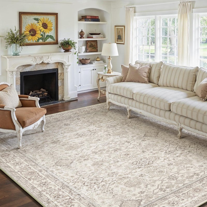 HUGEAR Area Rug 8x10 Retro Beige Machine Washable Living Room Rugs Distressed Vintage Floral Vacuumable Low Pile Carpet Bedroom Office Dining Room Laundry Room Non Slip Soft Lightweight - Image 3