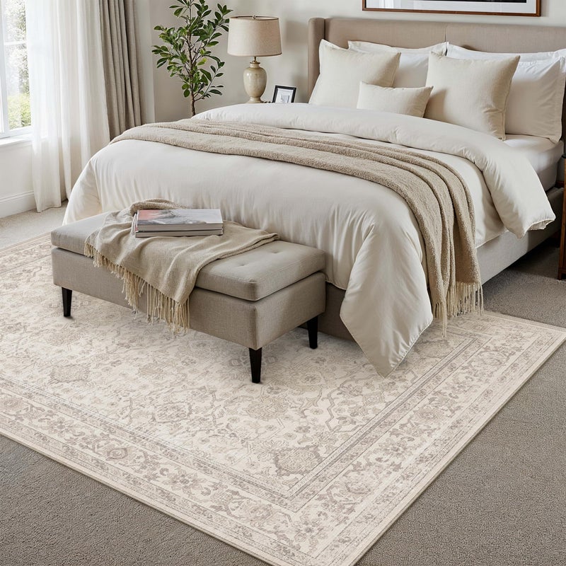 HUGEAR Area Rug 8x10 Retro Beige Machine Washable Living Room Rugs Distressed Vintage Floral Vacuumable Low Pile Carpet Bedroom Office Dining Room Laundry Room Non Slip Soft Lightweight - Image 4