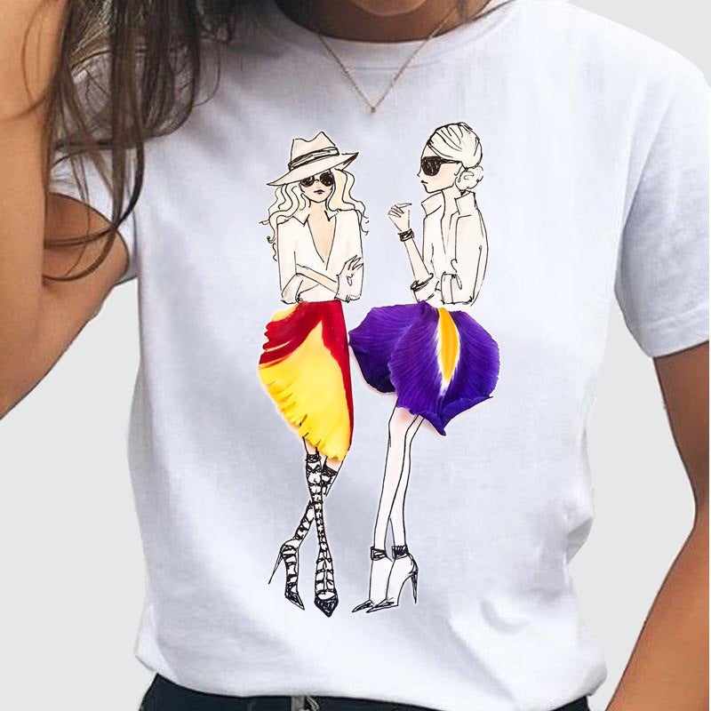 Flowers Best Friend Model Shrimp Round Neck Printed White T-Shirt Short Sleeve Women'S Wear - Image 1