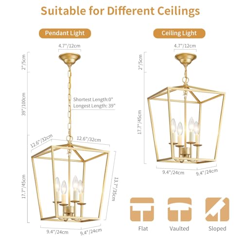 ANJIADENGSHI ​​Vintage Lantern Pendant Light 4 Light Lantern Chandelier Farmhouse Gold Pendant Light for Kitchen Island Entryway Dining Room Hallway Bar Cafe(Bulbs Not Included) - Image 2