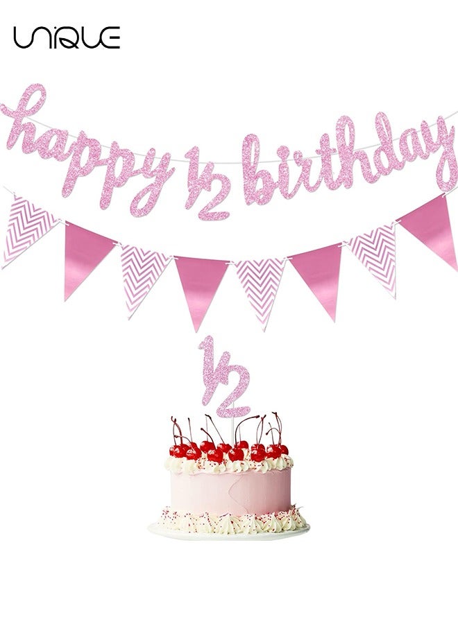 Unique 3 Pcs - 6 Months Banner Happy Birthday Banner Happy 1/2 Birthday Banner Glitter 1/2 Half Year Cake Topper Triangle Flag Banner for Half Year Baby Shower Birthday Party Decoration, Pre-strung (Pink)  - Image 1