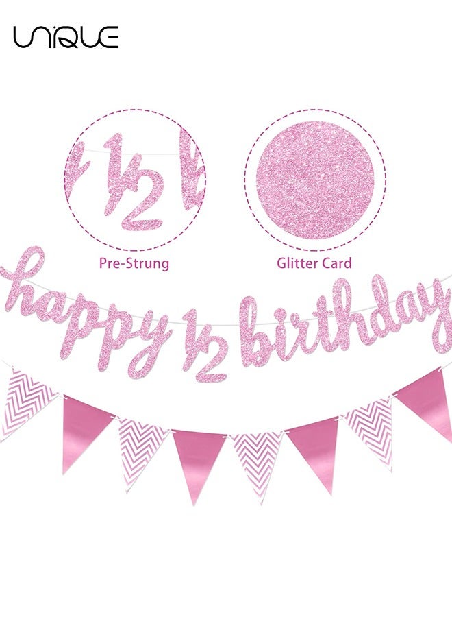 Unique 3 Pcs - 6 Months Banner Happy Birthday Banner Happy 1/2 Birthday Banner Glitter 1/2 Half Year Cake Topper Triangle Flag Banner for Half Year Baby Shower Birthday Party Decoration, Pre-strung (Pink)  - Image 3