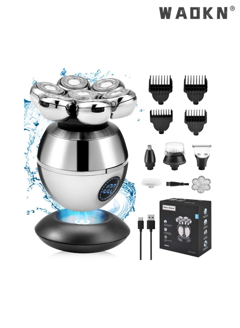 WAOKN 5 in 1 Electric Head Shaver for Bald Men Rotary Type 7D Floating Cutter Beard Trimmer Clipper Detachable Head Shaver LED Display Dry/Wet Shavers Waterproof Shaving USB Type-C Charging  - Image 1