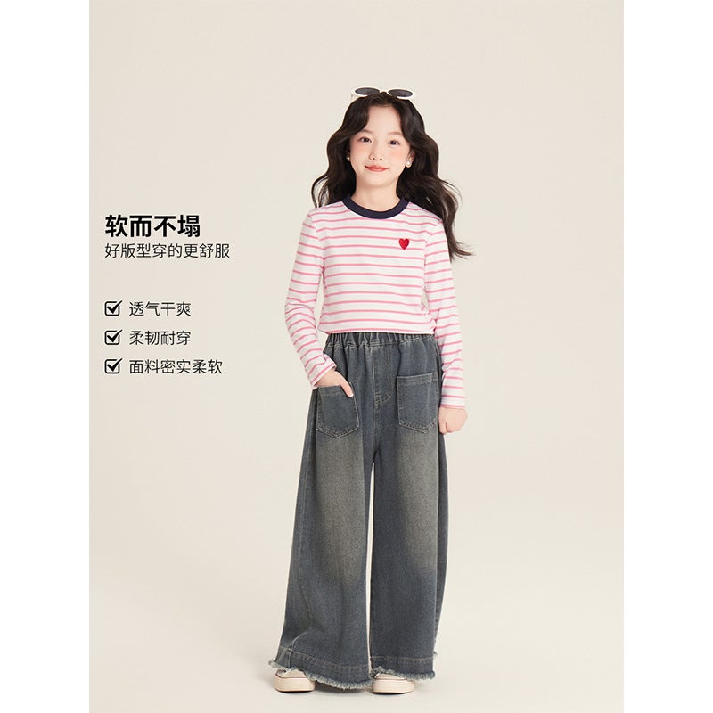 Amybaby Girls' Top Spring Korean-Style Slim-Fit Contrast Color Striped Love Crewneck Long-Sleeved T-Shirt - Image 3