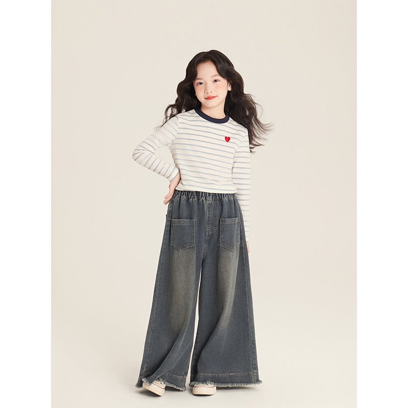 Amybaby Girls' Top Spring Korean-Style Slim-Fit Contrast Color Striped Love Crewneck Long-Sleeved T-Shirt - Image 4
