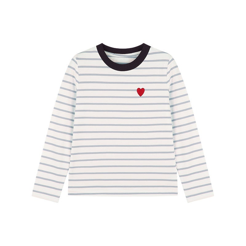 Amybaby Girls' Top Spring Korean-Style Slim-Fit Contrast Color Striped Love Crewneck Long-Sleeved T-Shirt - Image 1