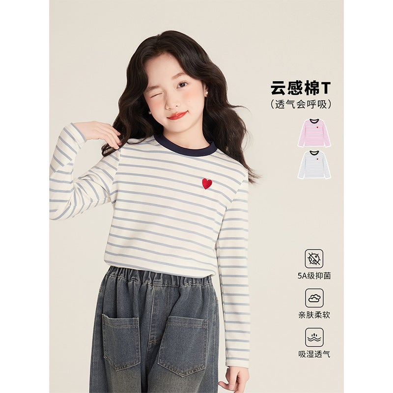 Amybaby Girls' Top Spring Korean-Style Slim-Fit Contrast Color Striped Love Crewneck Long-Sleeved T-Shirt - Image 2