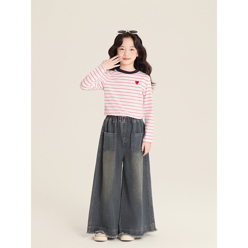 Amybaby Girls' Top Spring Korean-Style Slim-Fit Contrast Color Striped Love Crewneck Long-Sleeved T-Shirt - Image 5