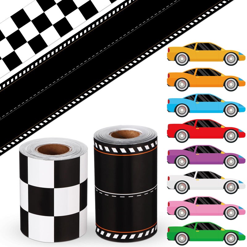 Mooliwe Racing Car Theme Bulletin Board Border Set 2 Race Track Border, 24 Car Stickers for Race Party Decoration Trim Racing Classroom Decoration(Checkered,Black and White) - Image 1