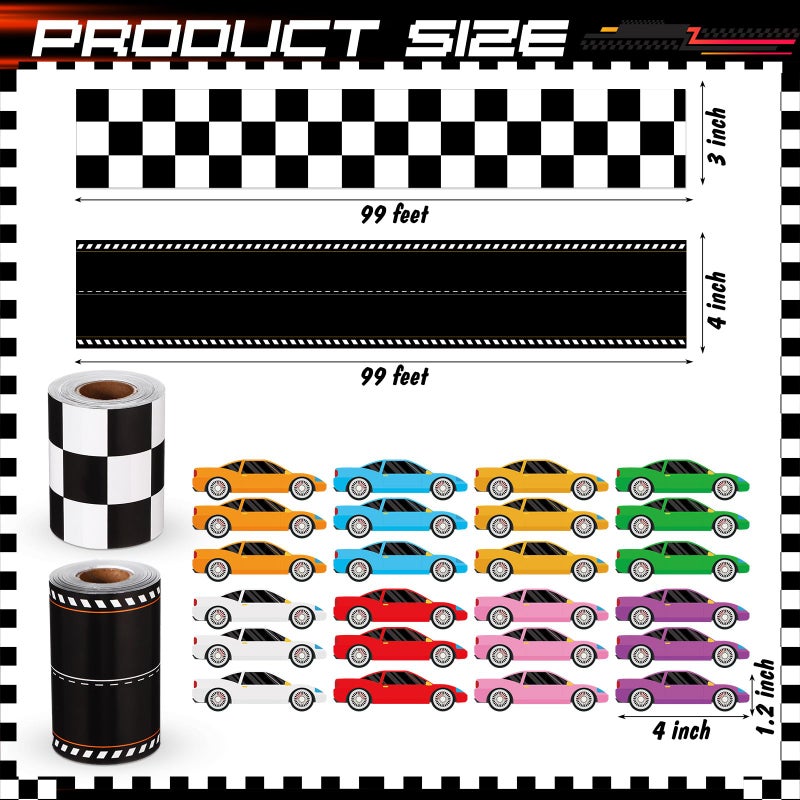 Mooliwe Racing Car Theme Bulletin Board Border Set 2 Race Track Border, 24 Car Stickers for Race Party Decoration Trim Racing Classroom Decoration(Checkered,Black and White) - Image 2