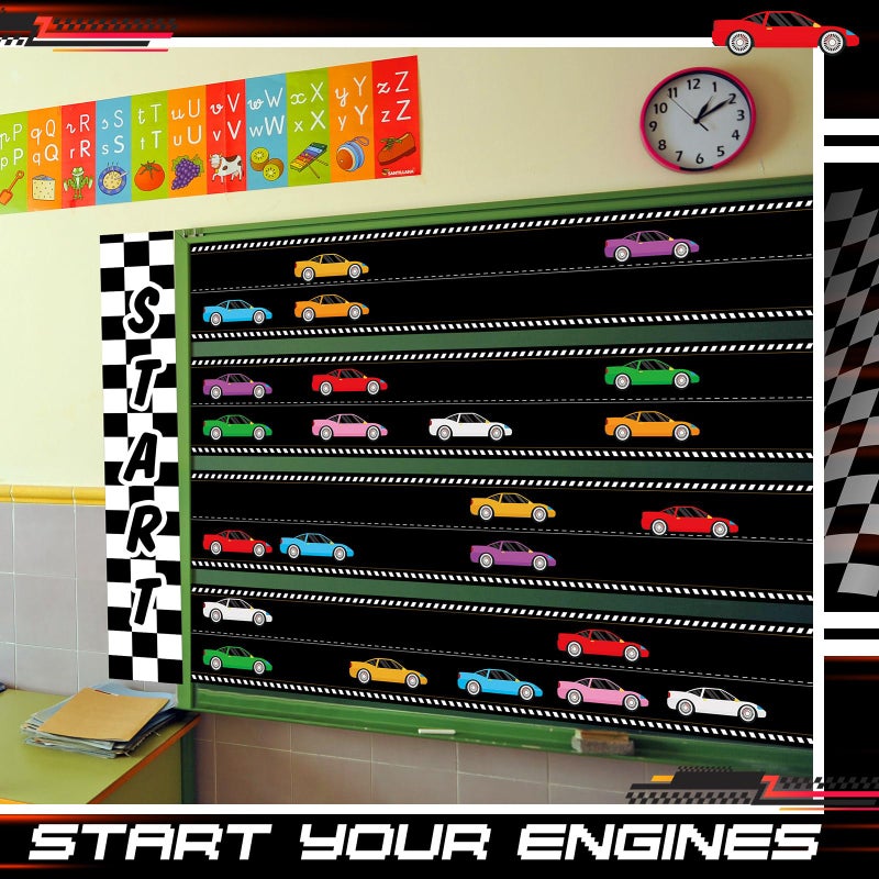 Mooliwe Racing Car Theme Bulletin Board Border Set 2 Race Track Border, 24 Car Stickers for Race Party Decoration Trim Racing Classroom Decoration(Checkered,Black and White) - Image 5