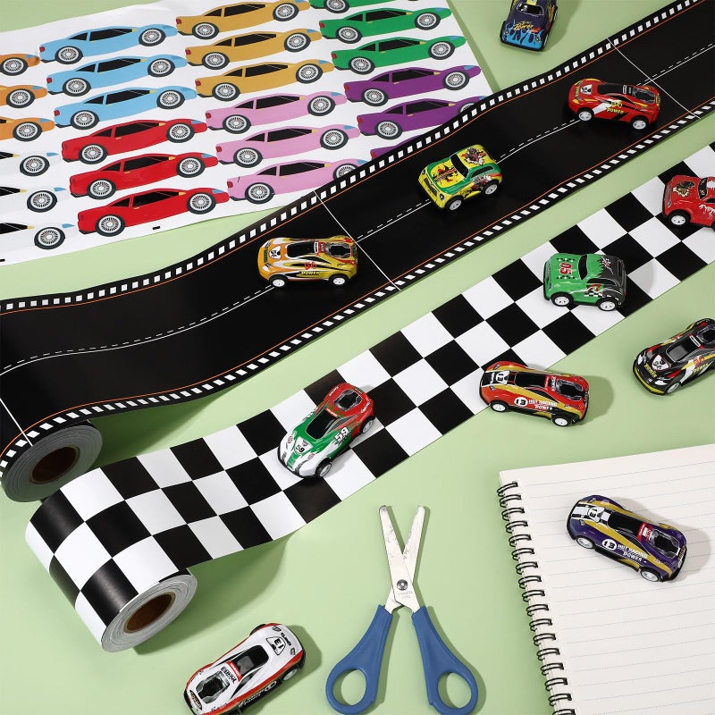 Mooliwe Racing Car Theme Bulletin Board Border Set 2 Race Track Border, 24 Car Stickers for Race Party Decoration Trim Racing Classroom Decoration(Checkered,Black and White) - Image 4