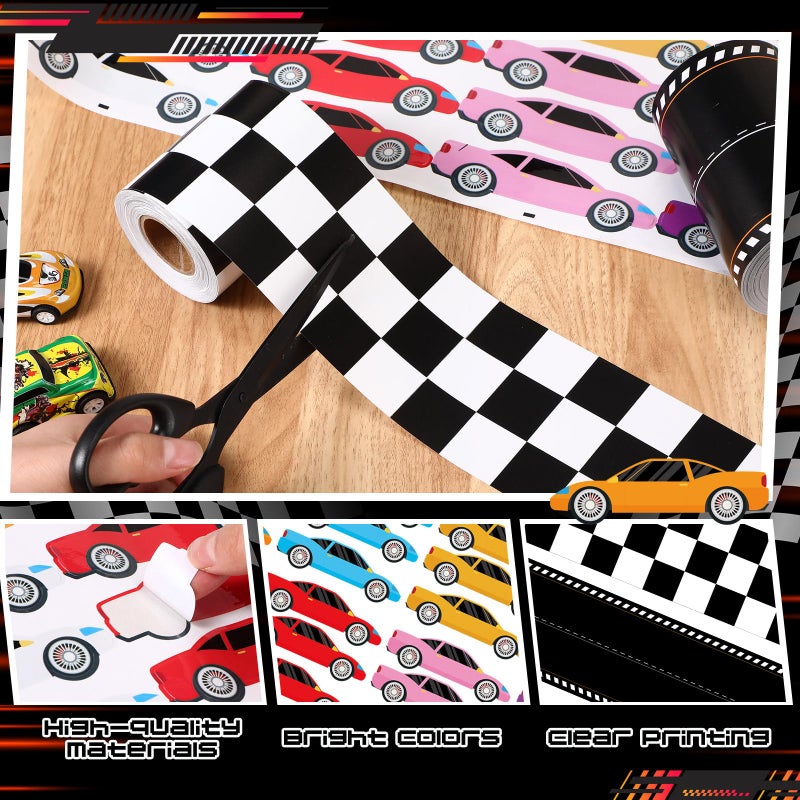 Mooliwe Racing Car Theme Bulletin Board Border Set 2 Race Track Border, 24 Car Stickers for Race Party Decoration Trim Racing Classroom Decoration(Checkered,Black and White) - Image 3