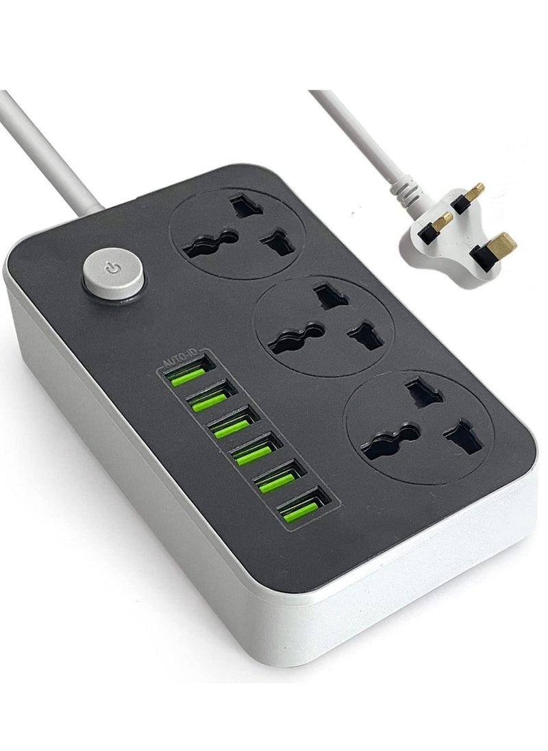ELTRAZONE Power Strips Extension Cord 3 Outlets, Power Socket with 6 USB Ports Universal Charging Socket with 2M Bold Extension Cord  - Image 1