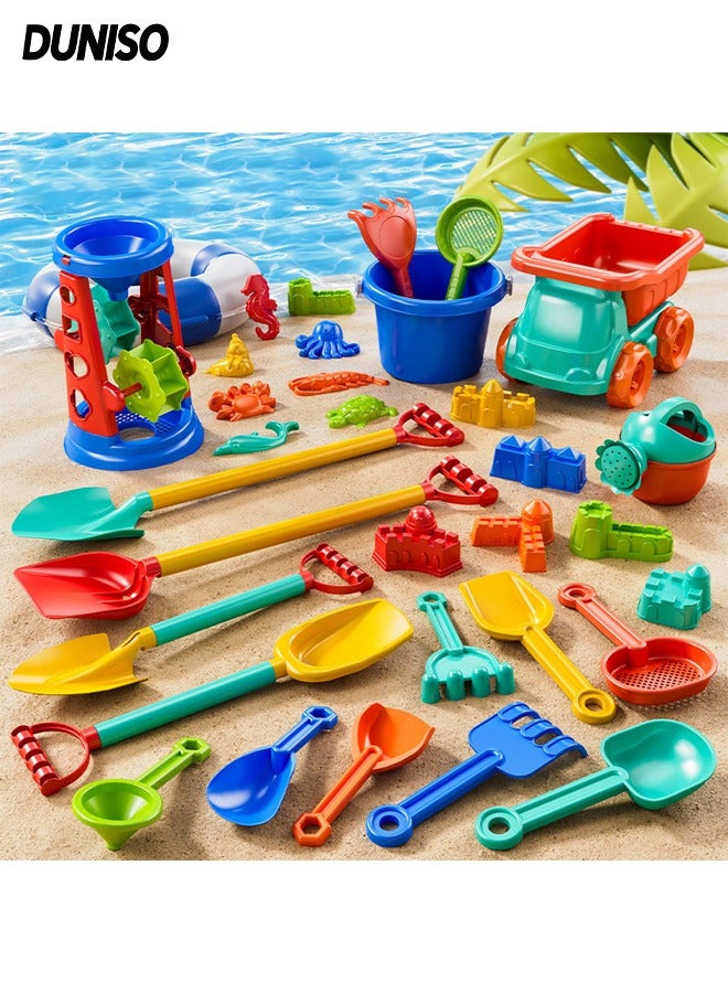 DUNISO 32PCS Collapsible Beach Toys Set, Travel Sand Toys for Beach, Plastic Small Sand Transporter Baby Outdoor Toy Set Includes Bucket, Shaping Module, Shovel, Hourglass,Ferris Wheel Etc - Image 1