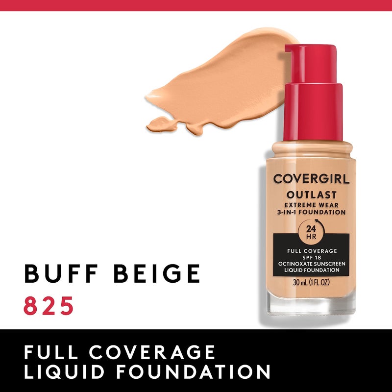 Covergirl Outlast Extreme Wear 3-in-1 Full Coverage Liquid Foundation, SPF 18 Sunscreen, Buff Beige, 1 Fl. Oz. - Image 3
