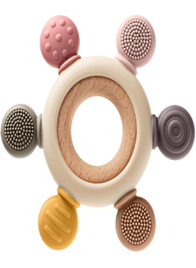SQUICKLE Silicone and Wooden Baby Teether Toy for 0 to 12 Month Baby | Sensory Teething Ring Toy for Infants | Silicone Rudder with Wooden Ring for Newborn Baby (Baby Teether) - Image 1