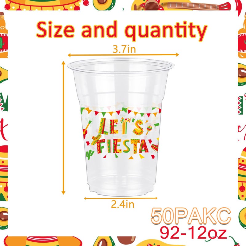 50 Count Mexican Fiesta Party Cups  12 oz Mexican Cinco De Mayo Disposable Clear Plastic Party Cups for Fiesta Taco Birthday Wedding Drinkware Beverage Ice Cream Snacks Party Supplies