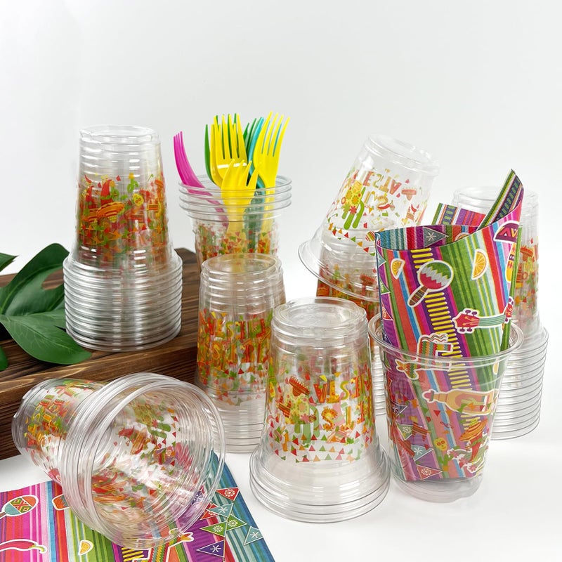50 Count Mexican Fiesta Party Cups  12 oz Mexican Cinco De Mayo Disposable Clear Plastic Party Cups for Fiesta Taco Birthday Wedding Drinkware Beverage Ice Cream Snacks Party Supplies