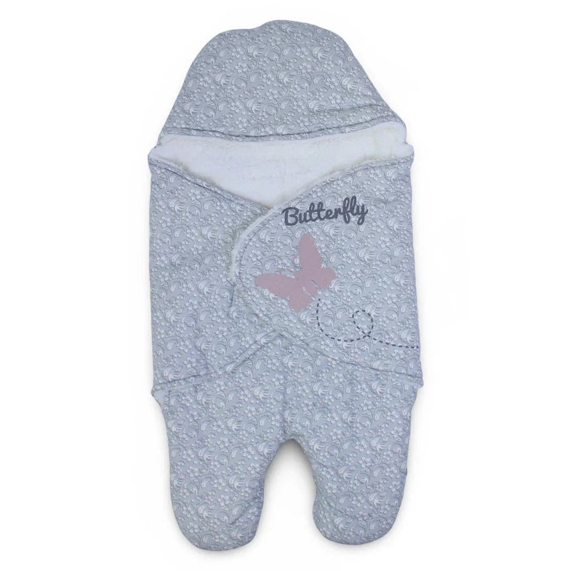 Junior Baby Girls Swaddle – Grey with Butterfly Design & Fur Lining - Image 1
