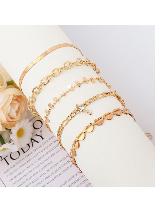 HS 5PCS Heart Decor Anklet Adjustable Boho Foot Chain Diamond Fashion Bracelets Jewelry For Women And Girls Gold  - Image 2