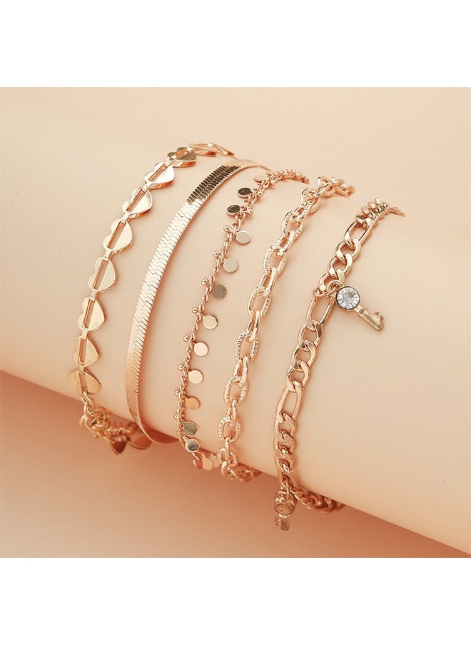HS 5PCS Heart Decor Anklet Adjustable Boho Foot Chain Diamond Fashion Bracelets Jewelry For Women And Girls Gold  - Image 3