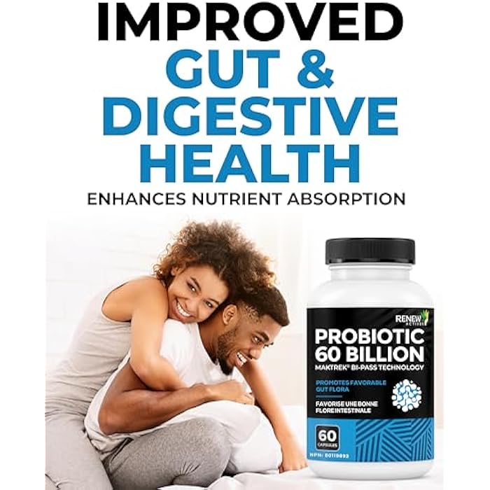 Renew Actives Probiotic Supplement for Digestive Health 60 Billion CFU per 2 Capsules - Advanced Formula with Prebiotic Benefits - Supports Gut Flora Balance & Wellness - Made in Canada - 60 Capsules - Image 2
