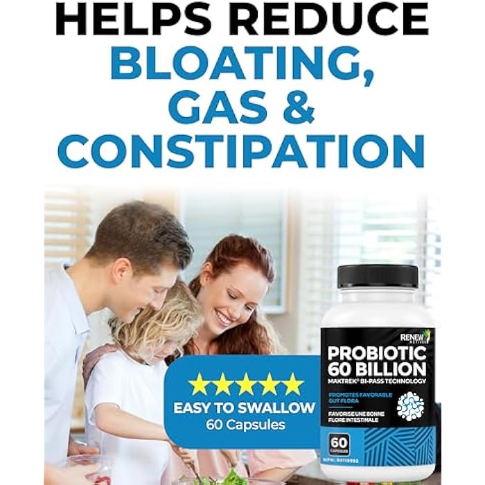 Renew Actives Probiotic Supplement for Digestive Health 60 Billion CFU per 2 Capsules - Advanced Formula with Prebiotic Benefits - Supports Gut Flora Balance & Wellness - Made in Canada - 60 Capsules - Image 4