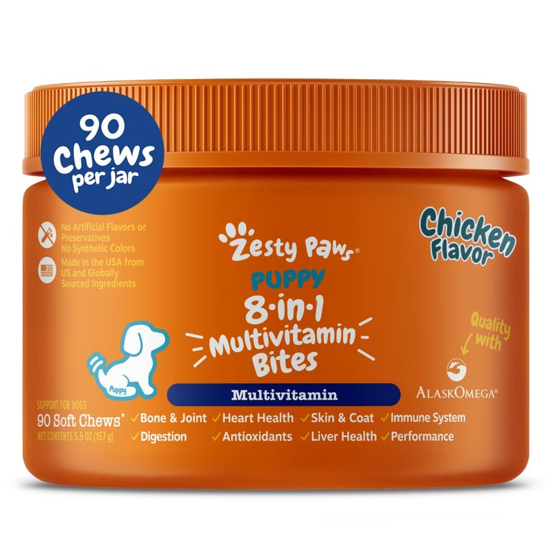 Zesty Paws Dog Multivitamin, Chewable Dog Vitamins and Supplements for Hip & Joints, Skin & Coat, Omega 3 Fish Oil for Dogs- Puppy Multivitamin - Chicken Puppy Bites- 90ct - Image 1