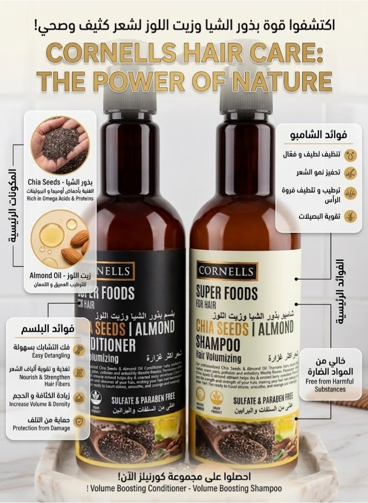 CORNELLS Shampoo 500 ml and Conditioner 500 ml Chia Seeds and Almond Oil for Thicker Hair  Free of Sulfates and Parabens. - Image 2