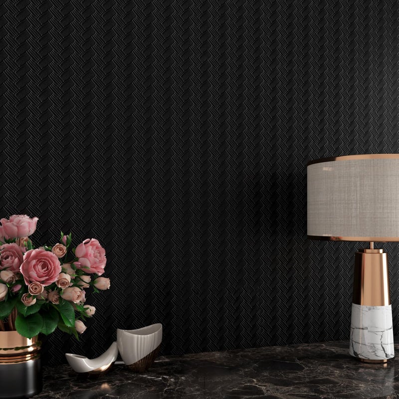 ReWallpaper Black Textured Wallpaper Peel and Stick Modern Embossed Basketweave Contact Paper for Cabinets Shelves Removable Vinyl Wall Covering for Walls Bedroom Bathroom Waterproof 17.7in x 6.5ft - Image 1