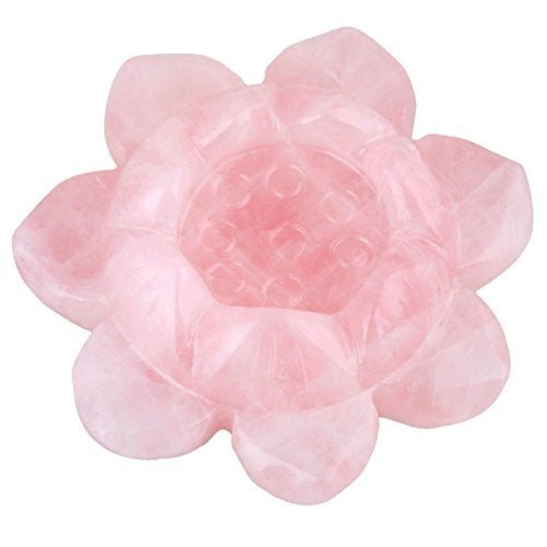 mookaitedecor تمثال زهرة اللوتس المنحوت من حجر الكوارتز الوردي مع قاعدة كريستالية/حامل شمعة زخرفي - Image 1