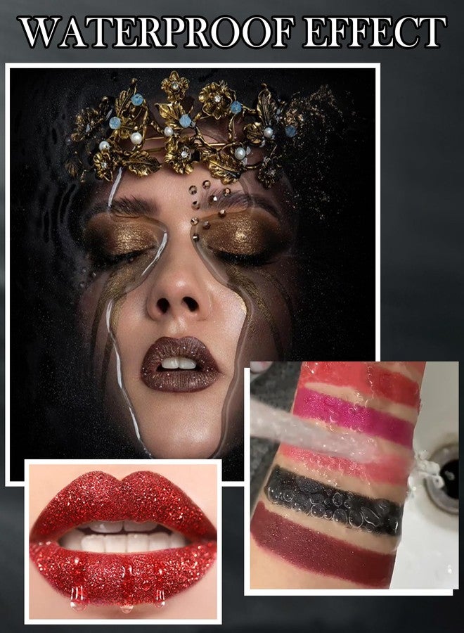 LYSdefeu Diamond Glitter Matte Lipstick, Gothic Shiny Lip Gloss, Wine Red Sparkling High Pigment Longlasting Waterproof Smudgeproof Non-Stick Lipstick, Bold Shimmer Lip Blam for Women Lip Makeup-07 - Image 4