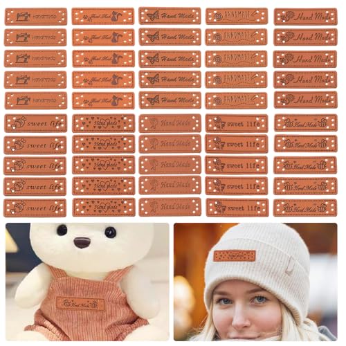 HASTHIP® 50pcs Leather Lables Tags for Brand Pre-punched Fashion Embossed PU Labels for DIY Crafts - Image 1