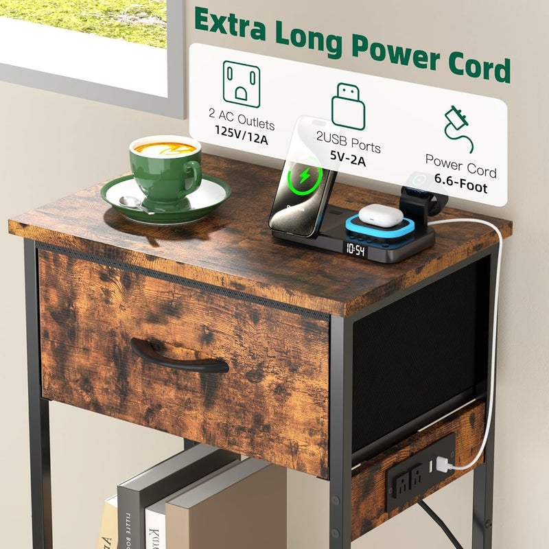 Fohome Nightstand with Charging Station, 2 Tiers Storage Shelves Bedside Table with Drawer,Nightstand for Bedroom,Apartment,Guest Room,Living Room,Rustic Brown - Image 4