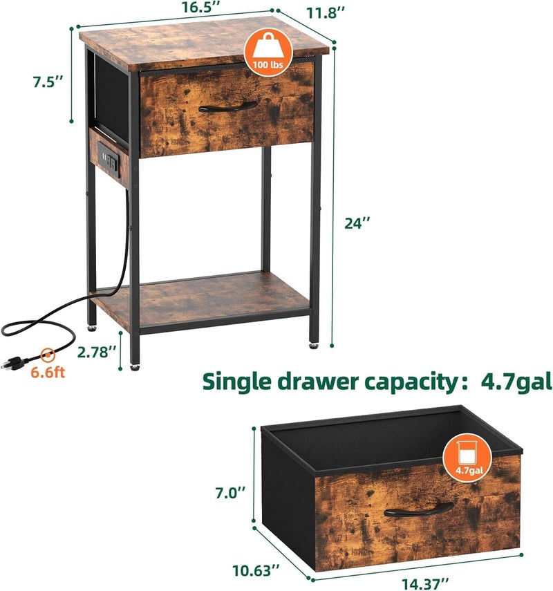 Fohome Nightstand with Charging Station, 2 Tiers Storage Shelves Bedside Table with Drawer,Nightstand for Bedroom,Apartment,Guest Room,Living Room,Rustic Brown - Image 3