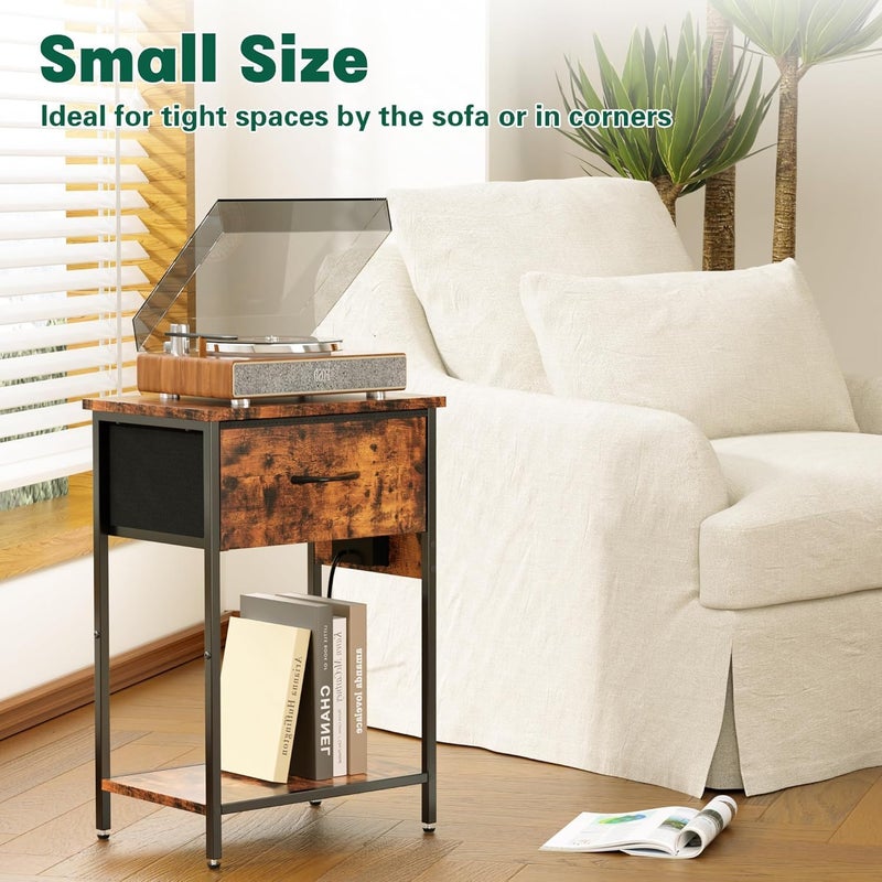 Fohome Nightstand with Charging Station, 2 Tiers Storage Shelves Bedside Table with Drawer,Nightstand for Bedroom,Apartment,Guest Room,Living Room,Rustic Brown - Image 5