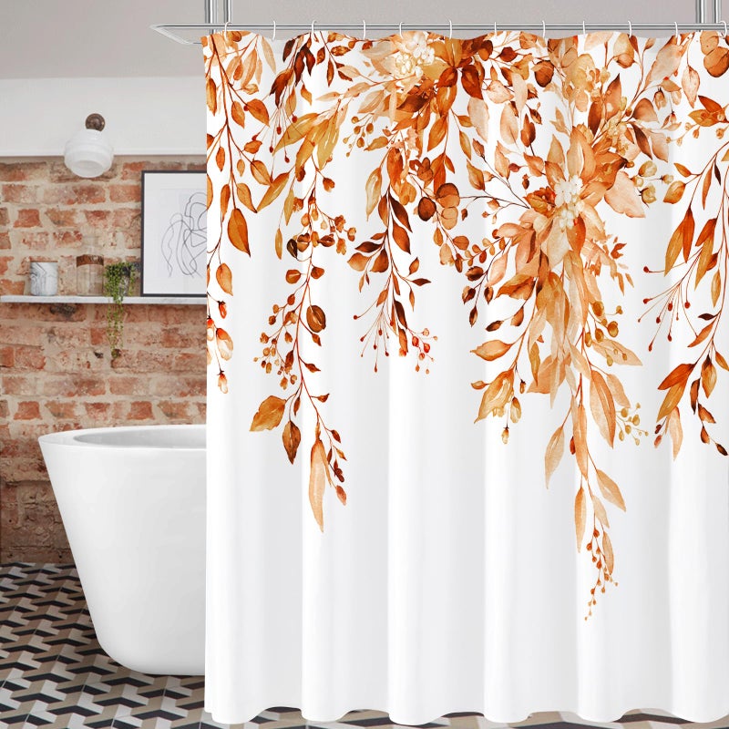 Gibelle Orange Eucalyptus Shower Curtain Fall Watercolor Plant Leaves with Floral Bathroom Shower Curtain Set 72x72