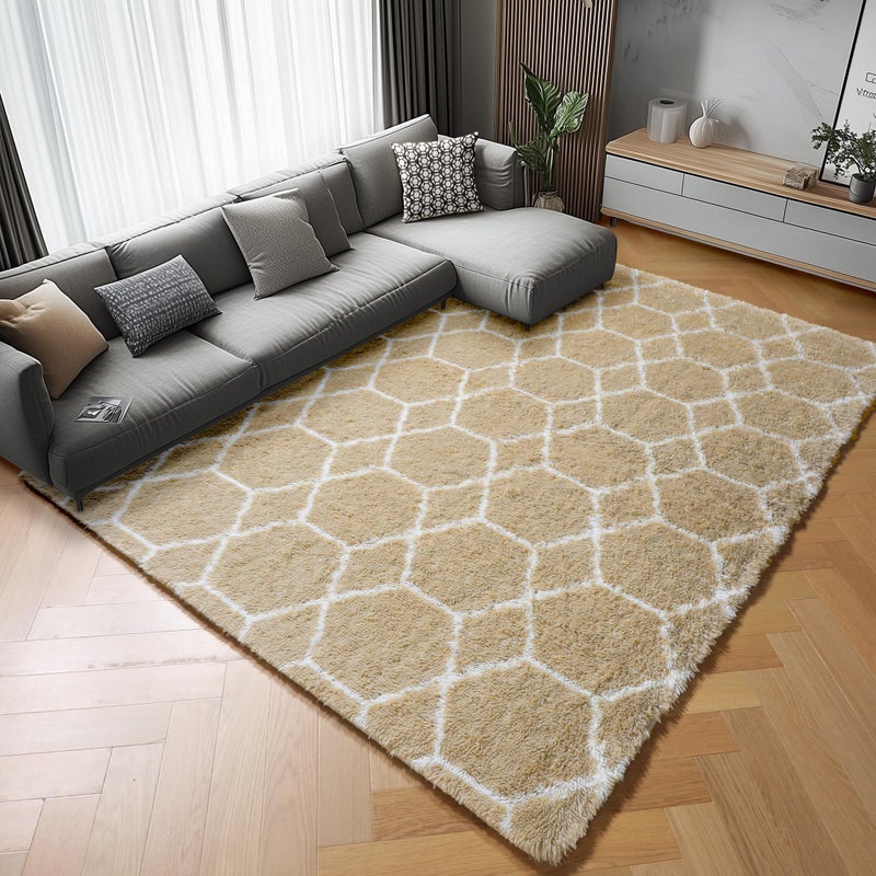 ONASAR 5x7 Area Rugs for Living Room Bedroom, Fluffy Beige and White Shag Rug, Geometric Boho Soft Plush Shaggy Floor Carpet Mat for Nursery Kids Girls Boys Teen Dorm Home Decor Aesthetic - Image 1