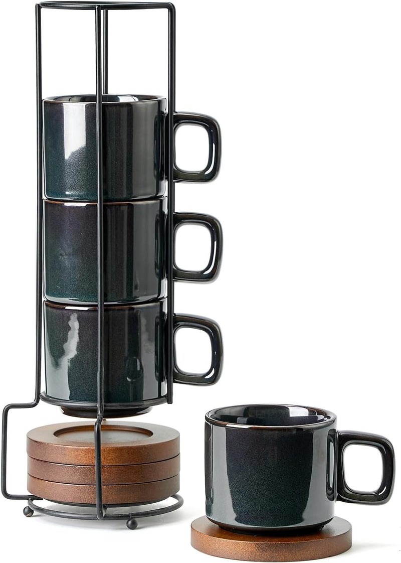 LUKA Porcelain Stackable Espresso Cups with Saucers and Metal Stand, 4 Ounce Small Ceramic Demitasse Cups Set for Latte, Specialty Coffee Drinks, Cafe Mocha,Tea - Set of 4, Reactive Dark Green - Image 1