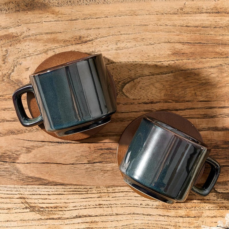 LUKA Porcelain Stackable Espresso Cups with Saucers and Metal Stand, 4 Ounce Small Ceramic Demitasse Cups Set for Latte, Specialty Coffee Drinks, Cafe Mocha,Tea - Set of 4, Reactive Dark Green - Image 2