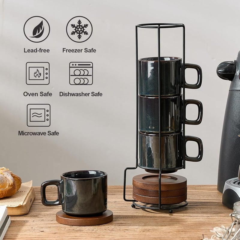 LUKA Porcelain Stackable Espresso Cups with Saucers and Metal Stand, 4 Ounce Small Ceramic Demitasse Cups Set for Latte, Specialty Coffee Drinks, Cafe Mocha,Tea - Set of 4, Reactive Dark Green - Image 4