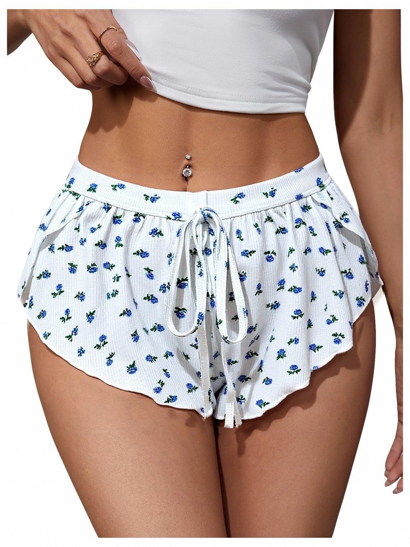 MakeMeChic Women's Pajama Bottoms Floral Print Plaid Tie Front PJ Shorts Slit Hem Cherry Summer Lounge Shorts Blue and White Small - Image 1