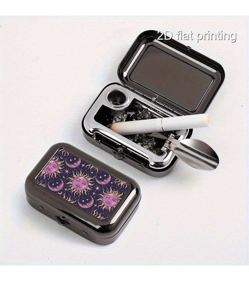 Pink Portable Sun Moon Ashtray Square Metal Compact Cigarette Case - Image 1